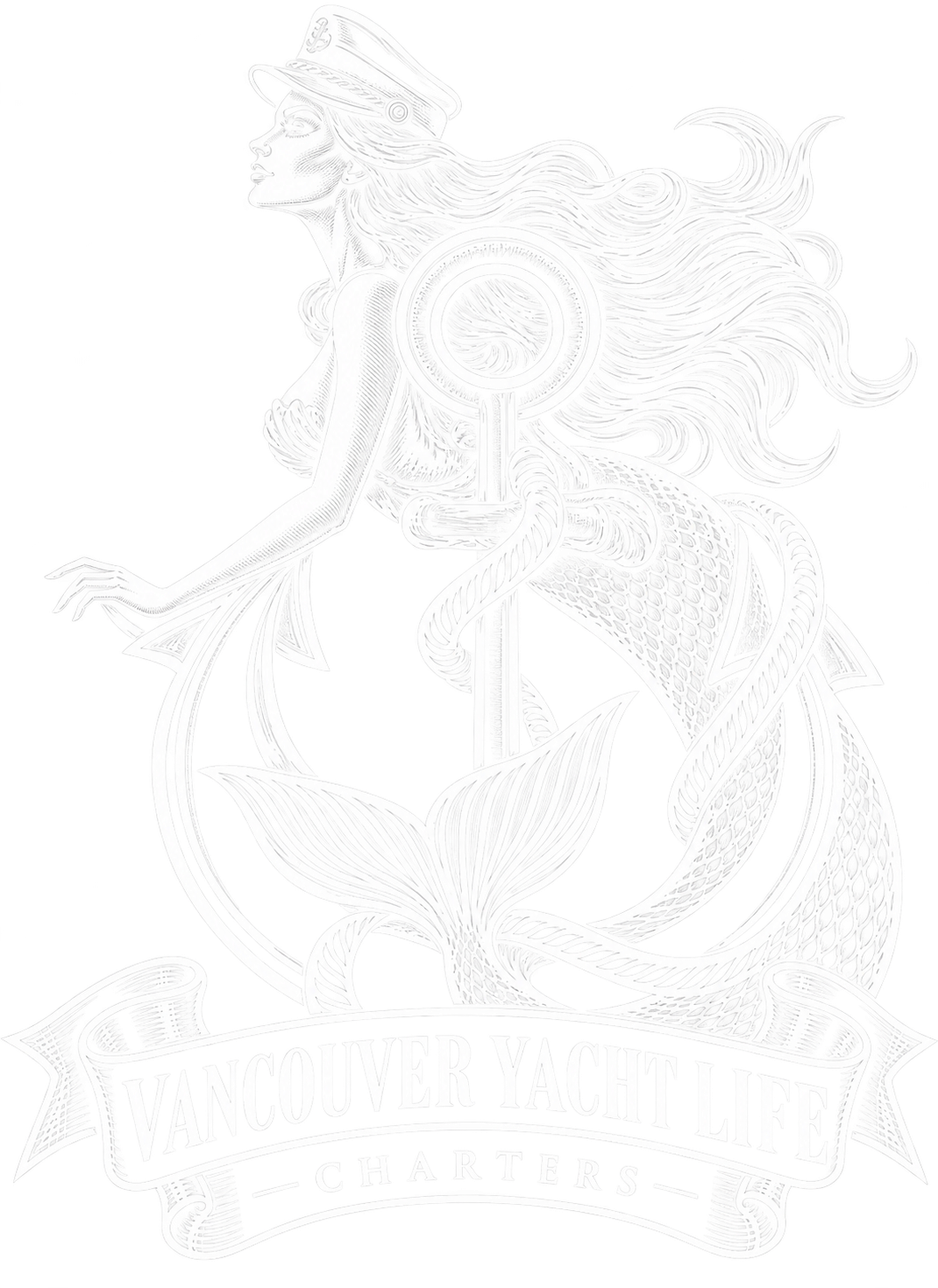 Line art illustration of a mermaid leaning against an anchor.